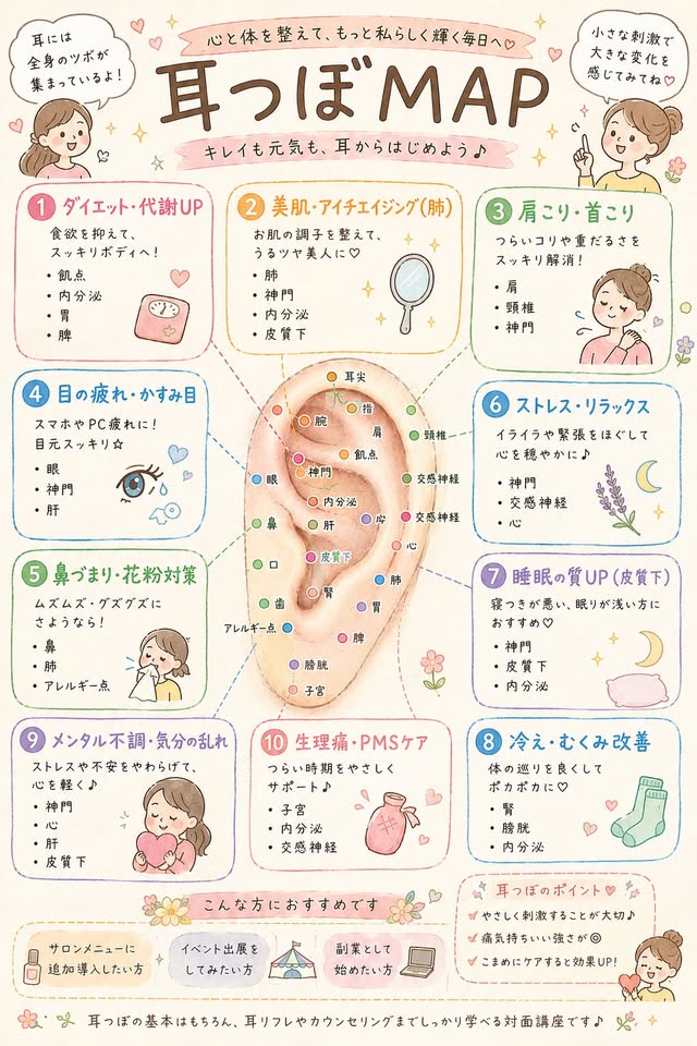 代表的な耳つぼの位置を示した図